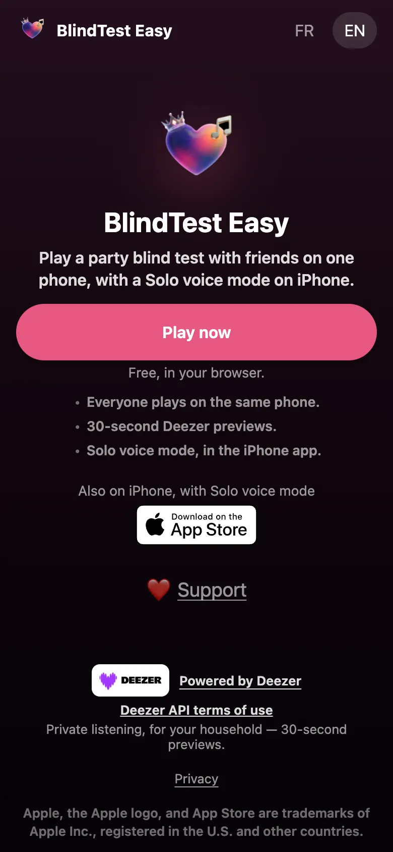 BlindTest Easy home screen: Play now button, 30-second Deezer previews and Solo Voice on iPhone.