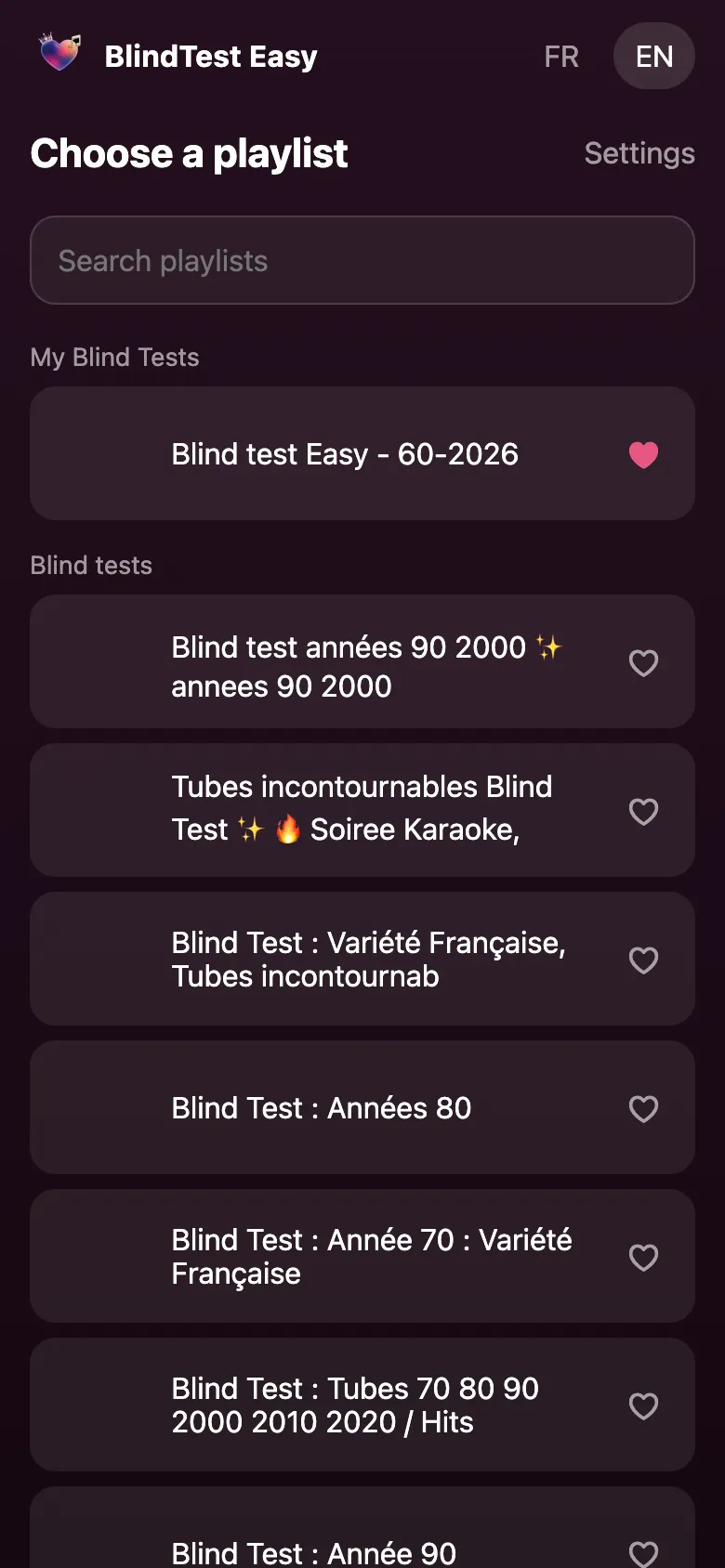 Choose a playlist screen with search, a My Blind Tests section and a list of blind tests.