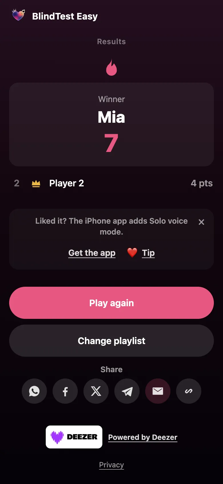 Results screen with the player ranking and the Play again and Change playlist buttons.