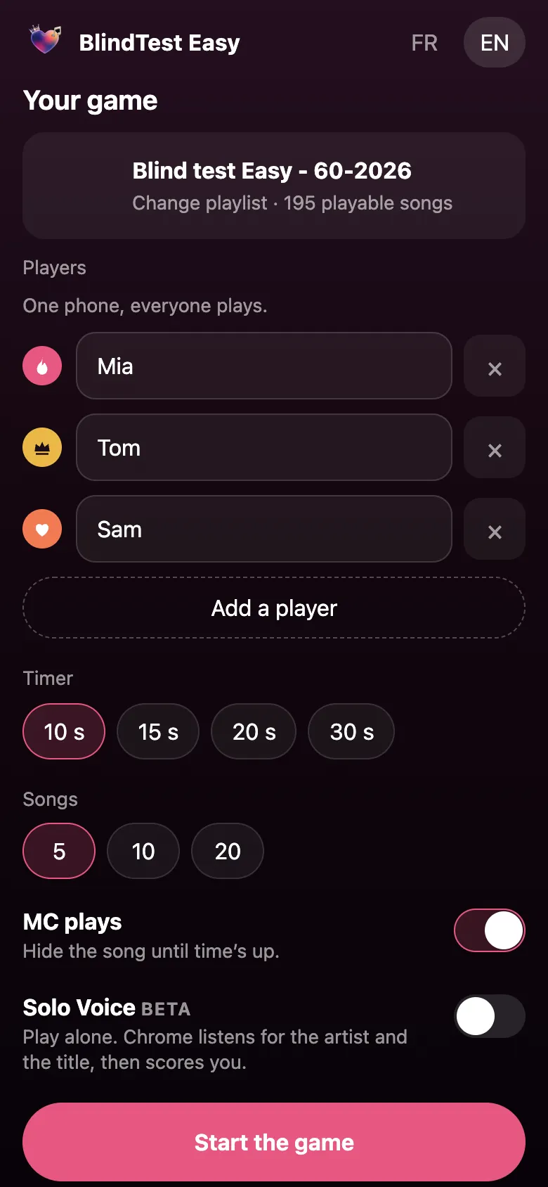 Game setup screen with players, timer and number of songs.