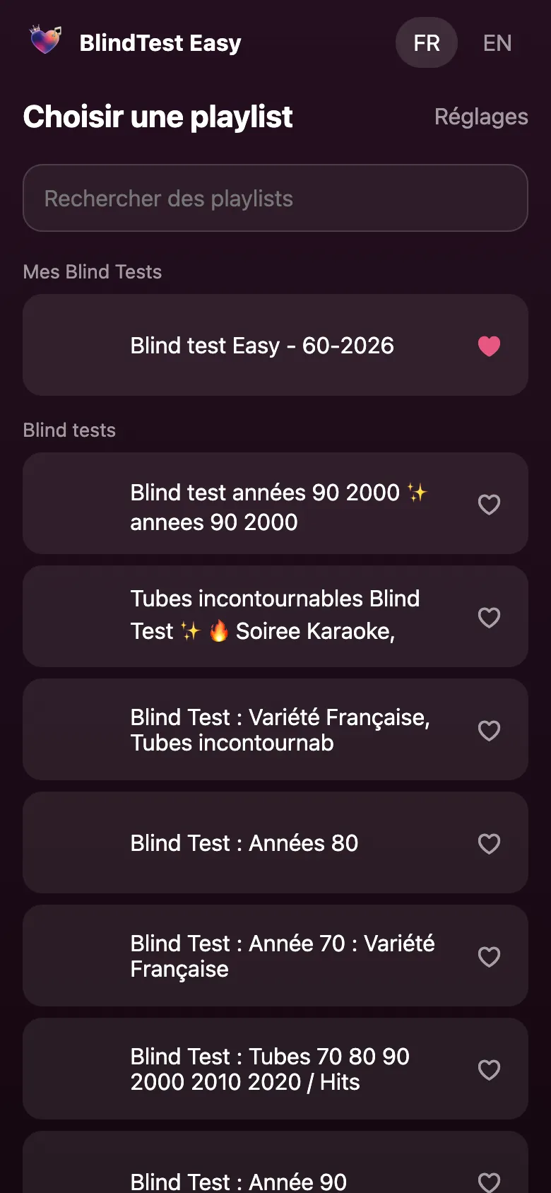 Écran Choisir une playlist avec la recherche, la rubrique Mes Blind Tests et la liste de blind tests.