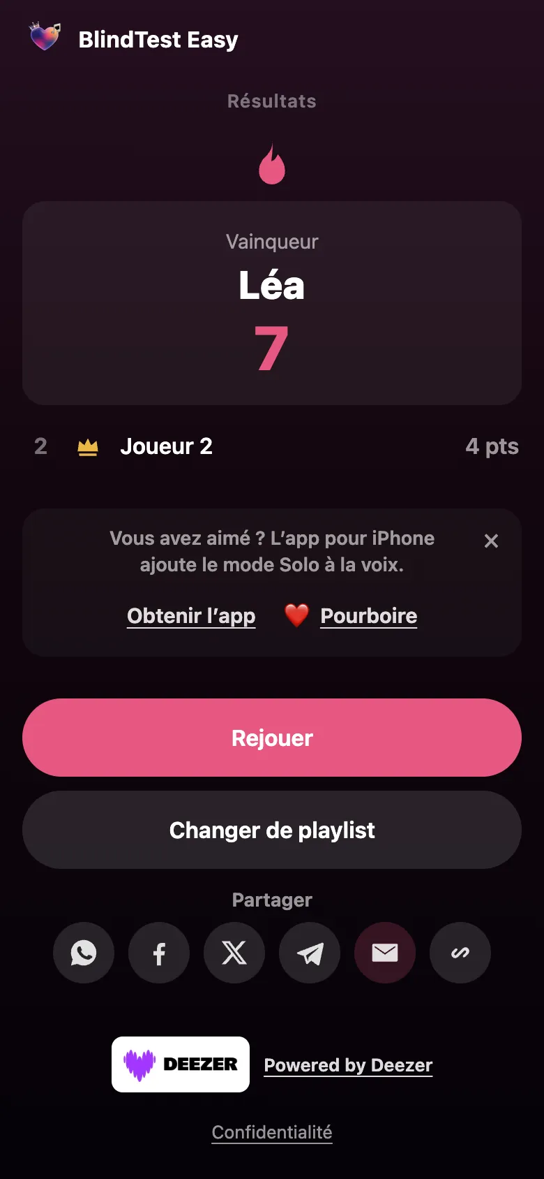 Écran Résultats : gagnant, classement, boutons Rejouer et Changer de playlist, partage.