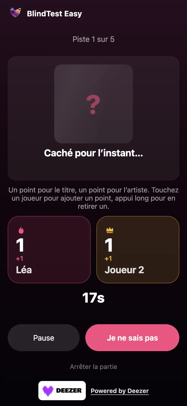 Après Temps écoulé : titre et artiste révélés, scores des joueurs, boutons Lecture et Suivant.