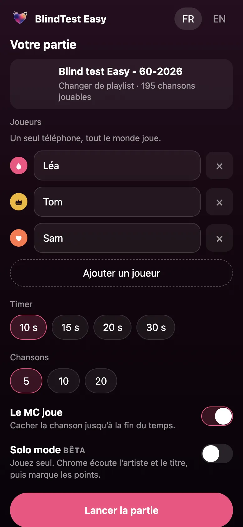 Écran Votre partie : playlist choisie, joueurs, timer de 10 à 30 secondes, nombre de chansons et option Le MC joue.