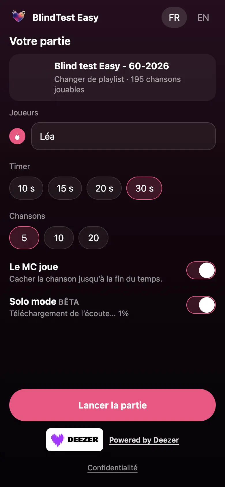 Écran Votre partie avec l’interrupteur Solo mode (bêta) activé et le téléchargement de l’écoute en cours.
